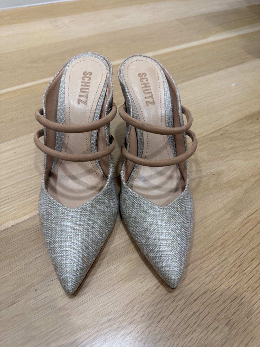 SCHUTZ Rattan like Mules with Tan Double Straps